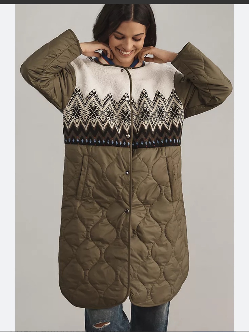 Anthropologie Quilted Fair Isle Coat in Moss Size Small New With Tags - Picture 4 of 14